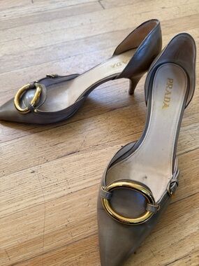 Prada Taupe Leather D'Orsay Pumps with Gold Ring Hardware